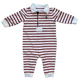 Ralph Lauren Baby One-Piece Striped Rugby Romper, Red & White, Size 6 Months